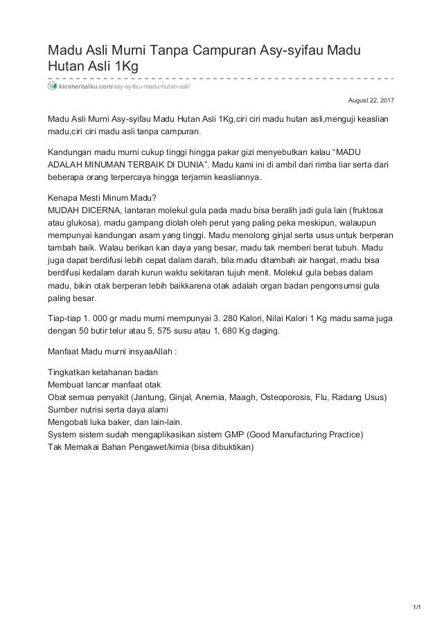 Kiosherbalku.com madu asli murni tanpa campuran asy-syifau