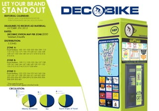 LET YOUR BRAND
STANDOUT
EDITORIAL CALENDAR:
   PLEASE E-MAIL YOUR REPRESENTATIVE FOR
   PUBLICATION DATES OR CALL 305.532.9494


DEADLINES TO RECEIVE AD MATERIAL:
  OCTOBER 5TH, 2012
RATES:
  DECOBIKE STATION MAP PER ZONE: $300
  *minimum 3 months
DISTRIBUTION:
   3 ZONES
  ZONE A:
  Kiosk Numbers: 100- 101-102-103-106-108- 112-
  113-114-116-117-118-119-120-121-126-128-
  130-131-132-134-140-141-211-310-312-314-
  315-316

  ZONE B:
  Kiosk Numbers: 109-111-133-135-136-137-138-
  139-141-144-146-147-148-149-150-151-152-
  153-212-213-214-215-317-320-404

  ZONE C:
  Kiosk Numbers: 122-123-124-125-163-145-154-
  155-156-157-158-159-160-161-162-201-202-
  203-205-206-207-208-209-210-304-305-306-
  308-309-302-401

   * First come first serve
  List of where kiosks appear attached inside

     CIRCULATION:
                WHITE
                                                                    U.S RESIDENTS
                AFRICAN AMERICAN                     MALE
                OTHER                                               NON-U.S. RESIDENTS
                                                     FEMALE
                HISPANIC ( ETHNICITY)
                MULTI-RACE
                ASIAN




                            Ethnicity Distribution            Sex       Tourist Origins of Travel
 