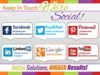 Keep In Touch
facebook.com/
KimGarstBoomSocial
twitter.com/kimgarst
@KimGarst
pinterest.com/
KimGarst
youtube.com/
BrandYouCommunity
gplus.to/kimgarst
linkedin.com/in/
kimgarst
 