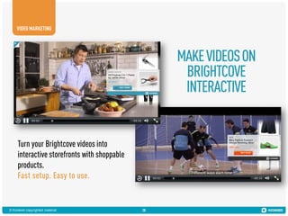 VIDEO MARKETING

MAKE VIDEOS ON
BRIGHTCOVE
INTERACTIVE

Turn your Brightcove videos into
interactive storefronts with shoppable
products.
Fast setup. Easy to use.
20
© Kiosked copyrighted material

20

 