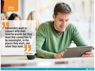 CONTENT
DELIVERY

Consumers want to
connect with their
favorite brands but they
want this connection to
be meaningful, in the
places they want, and
when they want.
eMarketer

© Kiosked copyrighted material

8

 