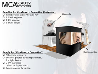 Supplied by MicaBeauty Cosmetics Customer :
 Speakers for units “C” and “D”              Plasma TV
 1 Cash register
 1 CD receiver
 1 DVD player




Supply by “MicaBeauty Cosmetics”:                         Illuminated Box
 All acrylic displays.
 Posters, photos & transparencies,
  for light boxes.
 2 TV monitors –
   sized to fit per plan.
 Fabric covers for units.
 