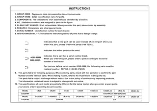 INSTRUCTIONS
1. GROUP CODE : Represents code corresponding to each group name.
2. GROUP NAME : Detail classification name for parts.
3. COMPONENTS : The components of an assembly are identified by a bracket.
4. NO. : Reference numbers are assigned to parts in the figure.
5. BLANK PART NUMBER : Part not available. When you order this part, please order by assembly.
6. REMARKS : Dimensions and other special items.
7. SERIAL NUMBER : Identification number for each tractor.
8. INTERCHANGEABILITY : Indicates the interchangeability of parts due to design change.
9. This parts list is for following purposes. When ordering parts, check with this parts list to confirm the part
Number and the name of parts. When making repairs, refer to the illustrations in this parts list.
This parts list is subject to change without notice. Due to our policy of continuously improving products,
The information contained herein is subject to change with out notice.
10. The specifications of each model are partially different for the below tractor when you order a spare parts,
you have to order it according to each country.
Indicates that a new part can be used instead of an old part when you
order this part, please order new part(E5700-73382).
Indicates that either parts can be used.
Indicates that a part has a serial number break.
When you order this part, please order a part according to the serial
number of the tractor
For tractors before serial number 4265-9999, the following parts must be
replace together: REF NO. 01,02,03 (PAGE)
~4265-99999
5265-00001~
CK25
MODEL
COUNTRY
CK25H
USA AUSTRALIA, NEW ZEALAND
CK30 CK30H CK25-AU CK25H-AU CK30-AU CK30H-AU
CK25-EU
MODEL
COUNTRY
CK25H-EU
EUROPE
CK30-EU CK30H-EU CK25-EN
U.K
CK25H-EN CK30-EN CK30H-EN
 