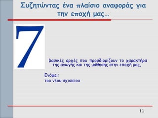 Συζητώντας ένα πλαίσιο αναφοράς για
         την εποχή μας…




        βασικές αρχές που προσδιορίζουν το χαρακτήρα
          της αγωγής και της μάθησης στην εποχή μας,

      Ενόψει:
      του νέου σχολείου




                                                11
 