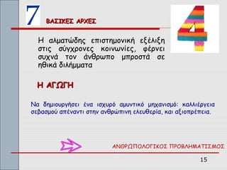 ΒΑΣΙΚΕΣ ΑΡΧΕΣ


  Η αλματώδης επιστημονική εξέλιξη
  στις σύγχρονες κοινωνίες, φέρνει
  συχνά τον άνθρωπο μπροστά σε
  ηθικά διλήμματα

  Η ΑΓΩΓΗ

Να δημιουργήσει ένα ισχυρό αμυντικό μηχανισμό: καλλιέργεια
σεβασμού απέναντι στην ανθρώπινη ελευθερία, και αξιοπρέπεια.




                          ΑΝΘΡΩΠΟΛΟΓΙΚΟΣ ΠΡΟΒΛΗΜΑΤΙΣΜΟΣ

                                                       15
 