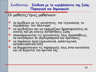 Συνδέοντας: Σύνδεση με τα περιβάλλοντα της ζωής.
            Παραγωγή και δημιουργία:
Οι μαθητές/τριες μαθαίνουν:
 να συνδέουν με τις κοινότητες, την τεχνολογία, το
  περιβάλλον, τον πολιτισμό
 να σχεδιάζουν και να εφαρμόζουν δραστηριότητες σε
  οικείες και μη οικείες καταστάσεις ζωής
 ολοκληρώνοντας τις ερευνητικές τους προσπάθειες,
  να καταλήγουν σε συμπεράσματα και προτάσεις,
 να παράγουν έργα (ερευνητικά, καλλιτεχνικά,
  κατασκευαστικά κλπ)
 να δημοσιοποιούν τις παραγωγές τους στην κοινότητα
  και να δέχονται την κριτική της.




                                                 24
 