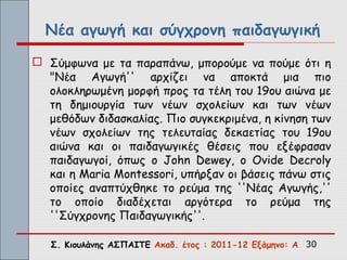 Νέα αγωγή και σύγχρονη παιδαγωγική
 Σύμφωνα με τα παραπάνω, μπορούμε να πούμε ότι η
  "Νέα Αγωγή'' αρχίζει να αποκτά μια πιο
  ολοκληρωμένη μορφή προς τα τέλη του 19ου αιώνα με
  τη δημιουργία των νέων σχολείων και των νέων
  μεθόδων διδασκαλίας. Πιο συγκεκριμένα, η κίνηση των
  νέων σχολείων της τελευταίας δεκαετίας του 19ου
  αιώνα και οι παιδαγωγικές θέσεις που εξέφρασαν
  παιδαγωγοί, όπως ο John Dewey, ο Ovide Decroly
  και η Maria Montessori, υπήρξαν οι βάσεις πάνω στις
  οποίες αναπτύχθηκε το ρεύμα της ''Νέας Αγωγής,''
  το οποίο διαδέχεται αργότερα το ρεύμα της
  ''Σύγχρονης Παιδαγωγικής''.

   Σ. Κιουλάνης ΑΣΠΑΙΤΕ Ακαδ. έτος : 2011-12 Εξάμηνο: Α 30
 