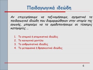 Παιδαγωγικά ιδεώδη
Αν επιχειρήσουμε να ταξινομήσουμε, σχηματικά τα
παιδαγωγικά ιδεώδη που διαμορφώθηκαν στην ιστορία της
αγωγής, μπορούμε να τα ομαδοποιήσουμε σε τέσσερις
κατηγορίες …

  1.   Το   ατομικό ή ατομικιστικό ιδεώδες
  2.   Το   κοινωνικό μοντέλο
  3.   Το   ανθρωπιστικό ιδεώδες
  4.   Το   μεταφυσικό ή θρησκευτικό ιδεώδες




                                               6
 