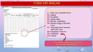 Perhatian, jika ditemukan hal-hal sbb, ….
1. Tidak mau menetek/minum
2. Kejang
3. Pucat/biru
4. Sesak nafas
5. Muntah berlebihan
6. Demam tinggi (>39) lebih
1 hari
7. Menangis terus menerus
lebih dari 3 jam
8. Kesadaran menurun
9. Anafilaktik
10. Abses
Pencatatan Pelaporan dilanjutkan
ke Form KIPI Berat/Serius, ….
FORM KIPI RINGAN
11
 