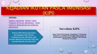 KEJADIAN IKUTAN PASCA IMUNISASI
(KIPI)
DEFINISI:
SEMUA KEJADIAN MEDIK YANG
TERJADI SETELAH IMUNISASI, YANG
DIDUGA BERHUBUNGAN DENGAN
IMUNISASI
(PERMENKES 12/2017  PENYELENGGARAAN IMUNISASI)
3
Semua KIPI Serius kemudian
diinvestigasi oleh Dinkes,
Puskesmas dan dianalisis oleh
Komite Nasional (Komnas) KIPI dan
Komite Daerah (Komda) KIPI
Surveilans KIPI:
Suatu Proses Pemantauan, Pengobatan / Perawatan,
Pelaporan, Investigasi & Penanggulangan (kajian &
rekomendasi) Semua Reaksi Simpang / KIPI Setelah
Pemberian Imunisasi.
 