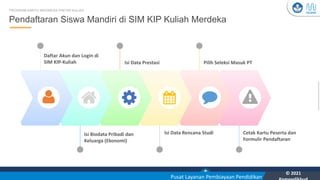 Kementerian Pendidikan, Kebudayaan, Riset, dan Teknologi
YOU
Pusat Layanan Pembiayaan Pendidikan
© 2021
Pendaftaran Siswa Mandiri di SIM KIP Kuliah Merdeka
PROGRAM KARTU INDONESIA PINTAR KULIAH
Daftar Akun dan Login di
SIM KIP-Kuliah
Isi Biodata Pribadi dan
Keluarga (Ekonomi)
Cetak Kartu Peserta dan
Formulir Pendaftaran
Isi Data Prestasi Pilih Seleksi Masuk PT
Isi Data Rencana Studi
 