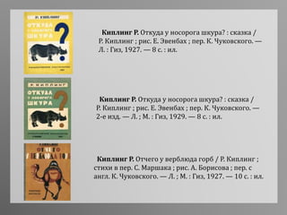 Киплинг Р. Откуда у носорога шкура? : сказка /
Р. Киплинг ; рис. Е. Эвенбах ; пер. К. Чуковского. —
Л. : Гиз, 1927. — 8 с. : ил.
Киплинг Р. Откуда у носорога шкура? : сказка /
Р. Киплинг ; рис. Е. Эвенбах ; пер. К. Чуковского. —
2-е изд. — Л. ; М. : Гиз, 1929. — 8 с. : ил.
Киплинг Р. Отчего у верблюда горб / Р. Киплинг ;
стихи в пер. С. Маршака ; рис. А. Борисова ; пер. с
англ. К. Чуковского. — Л. ; М. : Гиз, 1927. — 10 с. : ил.
 