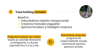 Team building recreativ
Beneficii:
✓ Îmbunătățirea relațiilor interpersonale
✓ Creșterea motivației angajaților
✓ Sporirea încrederii și înțelegerii reciproce
Programe outdoor sau indoor
bazate pe activități distractive
și energizante, cu durata
cuprinsă între ½ zi și 2 zile.
Evenimente corporate:
programe de
responsabilitate socială,
evenimente sportive,
petreceri private.
 