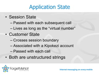 Application State
• Session State
  – Passed with each subsequent call
  – Lives as long as the “virtual number”
• Customer State
  – Crosses session boundary
  – Associated with a Kipokezi account
  – Passed with each call
• Both are unstructured strings

                               Internet messaging on every mobile
 