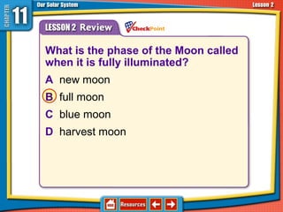 What is the phase of the Moon called
when it is fully illuminated?
A new moon
B full moon
C blue moon
D harvest moon
11.2 The Sun-Earth-Moon System
 