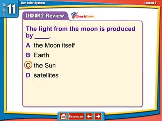 The light from the moon is produced
by ____.
A the Moon itself
B Earth
C the Sun
D satellites
11.2 The Sun-Earth-Moon System
 