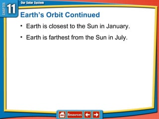 Earth’s Orbit Continued
• Earth is closest to the Sun in January.
• Earth is farthest from the Sun in July.
 