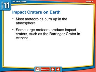 Impact Craters on Earth
• Most meteoroids burn up in the
atmosphere.
• Some large meteors produce impact
craters, such as the Barringer Crater in
Arizona.
11.4 Asteroids, Comets, and Meteoroids
 