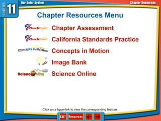 Chapter Assessment
California Standards Practice
Concepts in Motion
Image Bank
Science Online
Chapter Resources Menu
Click on a hyperlink to view the corresponding feature.
 