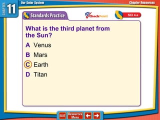 What is the third planet from
the Sun?
A Venus
B Mars
C Earth
D Titan
SCI 4.e
 