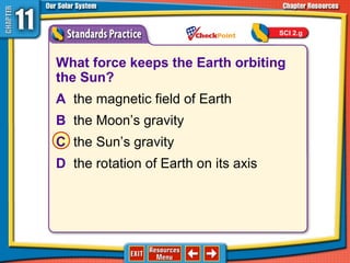 What force keeps the Earth orbiting
the Sun?
A the magnetic field of Earth
B the Moon’s gravity
C the Sun’s gravity
D the rotation of Earth on its axis
SCI 2.g
 