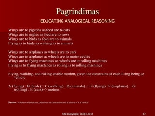 Pagrindimas EDUCATING ANALOGICAL REASONING Wings are to pigeons as feed are to cats  Wings are to eagles as feed are to cows  Wings are to birds as feed are to animals  Flying is to birds as walking is to animals  Wings are to airplanes as wheels are to cars  Wings are to airplanes as wheels are to motor cycles Wings are to flying machines as wheels are to rolling machines  Flying is to flying machines as rolling is to rolling machines Flying, walking, and rolling enable motion, given the constrains of each living being or vehicle  A (flying) : B (birds) :: C (walking) : D (animals) ::: E (flying) : F (airplanes) :: G (rolling) : H (cars)=> motion Šaltinis : Andreas Demetriou, Minister of Education and Culture of CYPRUS 