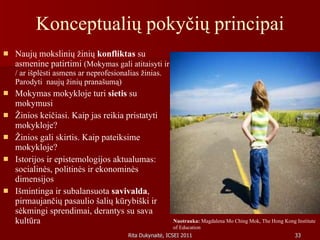 Konceptualių pokyčių principai Naujų mokslinių žinių  konfliktas  su asmenine patirtimi  (Mokymas gali atitaisyti ir / ar išplėsti asmens ar neprofesionalias žinias. Parodyti  naujų žinių pranašumą) Mokymas mokykloje turi  sietis  su mokymusi  Žinios keičiasi. Kaip jas reikia pristatyti mokykloje? Žinios gali skirtis. Kaip pateiksime mokykloje? Istorijos ir epistemologijos aktualumas:  socialinės, politinės ir ekonominės dimensijos  Išmintinga ir subalansuota  savivalda , pirmaujančių pasaulio šalių kūrybiški ir sėkmingi sprendimai, derantys su sava kultūra  Nuotrauka:  Magdalena Mo Ching Mok, The Hong Kong Institute of Education 