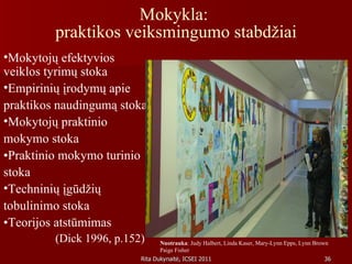 Mokykla:  praktikos veiksmingumo stabdžiai Mokytojų efektyvios veiklos tyrimų stoka  Empirinių įrodymų apie praktikos naudingumą stoka Mokytojų praktinio mokymo stoka • Praktinio mokymo turinio stoka Techninių įgūdžių tobulinimo stoka  • Teorijos atstūmimas  (Dick 1996, p.152)  Nuotrauka : Judy Halbert, Linda Kaser, Mary-Lynn Epps, Lynn Brown Paige Fisher 