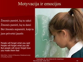 Motyvacija ir emocijos Žmonės pamirš, ką tu sakei Žmonės pamirš, ką tu darei Bet žmonės nepamirš, kaip tu juos privertei jaustis People will forget what you said People will forget what you did But people will never forget how you made them feel Halia Silins , School of Education, Slindersuniversity of Souithg Australia Nuotrauka:  Dr. Judy Halbert & Dr. Linda Kaser 