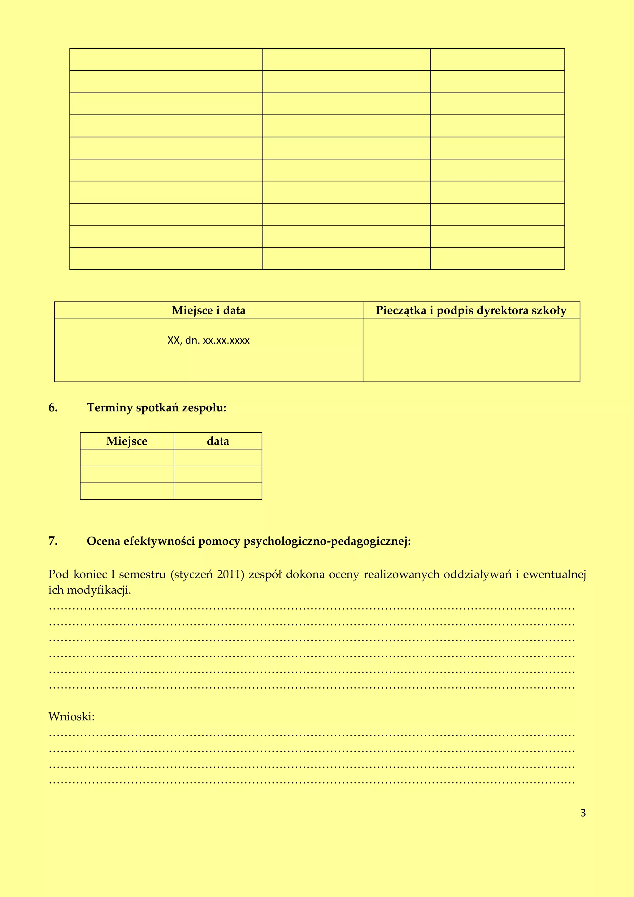 Miejsce i data                       Pieczątka i podpis dyrektora szkoły

                     XX, dn. xx.xx.xxxx




6.    Terminy spotkań zespołu:

          Miejsce            data




7.    Ocena efektywności pomocy psychologiczno-pedagogicznej:

Pod koniec I semestru (styczeń 2011) zespół dokona oceny realizowanych oddziaływań i ewentualnej
ich modyfikacji.
………………………………………………………………………………………………………………………
………………………………………………………………………………………………………………………
………………………………………………………………………………………………………………………
………………………………………………………………………………………………………………………
………………………………………………………………………………………………………………………
………………………………………………………………………………………………………………………

Wnioski:
………………………………………………………………………………………………………………………
………………………………………………………………………………………………………………………
………………………………………………………………………………………………………………………
………………………………………………………………………………………………………………………

                                                                                                3
 