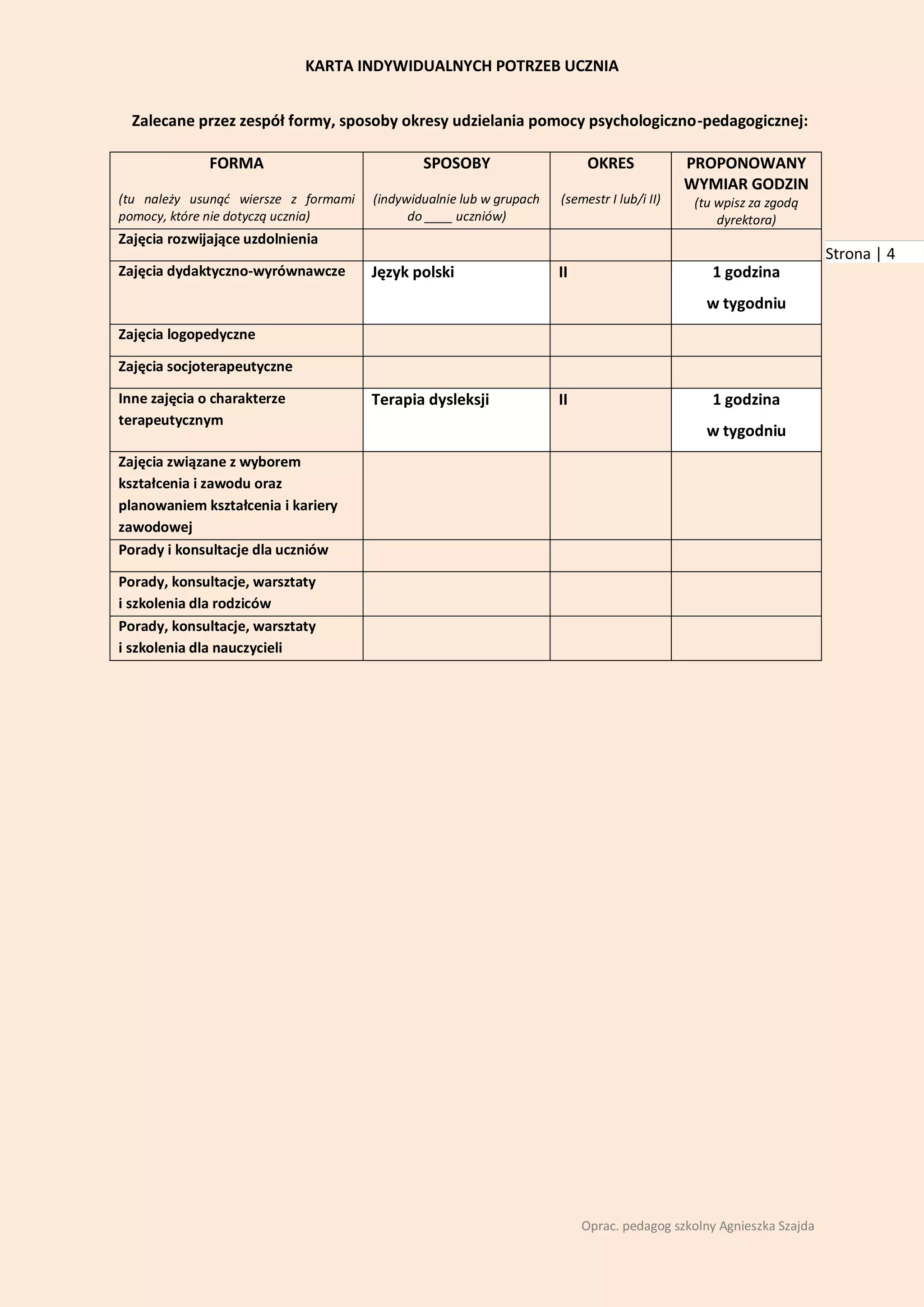 KARTA INDYWIDUALNYCH POTRZEB UCZNIA


  Zalecane przez zespół formy, sposoby okresy udzielania pomocy psychologiczno-pedagogicznej:

              FORMA                           SPOSOBY                     OKRES             PROPONOWANY
                                                                                            WYMIAR GODZIN
(tu należy usunąd wiersze z formami   (indywidualnie lub w grupach   (semestr I lub/i II)    (tu wpisz za zgodą
pomocy, które nie dotyczą ucznia)           do ____ uczniów)                                     dyrektora)
Zajęcia rozwijające uzdolnienia
                                                                                                                    Strona | 4
Zajęcia dydaktyczno-wyrównawcze       Język polski                   II                         1 godzina
                                                                                               w tygodniu
Zajęcia logopedyczne

Zajęcia socjoterapeutyczne

Inne zajęcia o charakterze            Terapia dysleksji              II                         1 godzina
terapeutycznym
                                                                                               w tygodniu
Zajęcia związane z wyborem
kształcenia i zawodu oraz
planowaniem kształcenia i kariery
zawodowej
Porady i konsultacje dla uczniów

Porady, konsultacje, warsztaty
i szkolenia dla rodziców
Porady, konsultacje, warsztaty
i szkolenia dla nauczycieli




                                                                          Oprac. pedagog szkolny Agnieszka Szajda
 