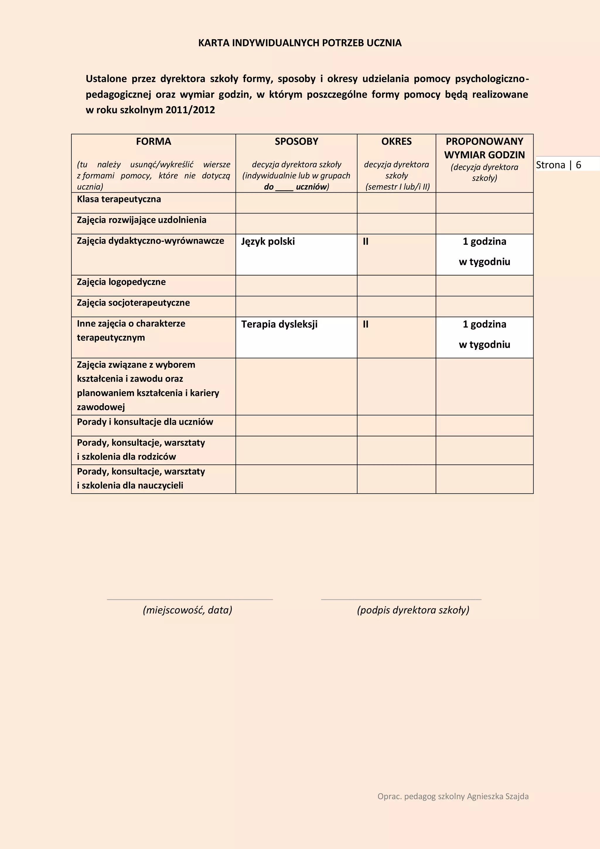 KARTA INDYWIDUALNYCH POTRZEB UCZNIA


  Ustalone przez dyrektora szkoły formy, sposoby i okresy udzielania pomocy psychologiczno-
  pedagogicznej oraz wymiar godzin, w którym poszczególne formy pomocy będą realizowane
  w roku szkolnym 2011/2012

              FORMA                           SPOSOBY                     OKRES             PROPONOWANY
                                                                                            WYMIAR GODZIN
(tu należy usunąd/wykreślid wiersze      decyzja dyrektora szkoły    decyzja dyrektora       (decyzja dyrektora     Strona | 6
z formami pomocy, które nie dotyczą   (indywidualnie lub w grupach        szkoły                  szkoły)
ucznia)                                     do ____ uczniów)         (semestr I lub/i II)
Klasa terapeutyczna

Zajęcia rozwijające uzdolnienia

Zajęcia dydaktyczno-wyrównawcze       Język polski                   II                         1 godzina
                                                                                               w tygodniu
Zajęcia logopedyczne

Zajęcia socjoterapeutyczne

Inne zajęcia o charakterze            Terapia dysleksji              II                         1 godzina
terapeutycznym
                                                                                               w tygodniu
Zajęcia związane z wyborem
kształcenia i zawodu oraz
planowaniem kształcenia i kariery
zawodowej
Porady i konsultacje dla uczniów

Porady, konsultacje, warsztaty
i szkolenia dla rodziców
Porady, konsultacje, warsztaty
i szkolenia dla nauczycieli




       ______________________________                     _____________________________
             (miejscowośd, data)                                (podpis dyrektora szkoły)




                                                                          Oprac. pedagog szkolny Agnieszka Szajda
 