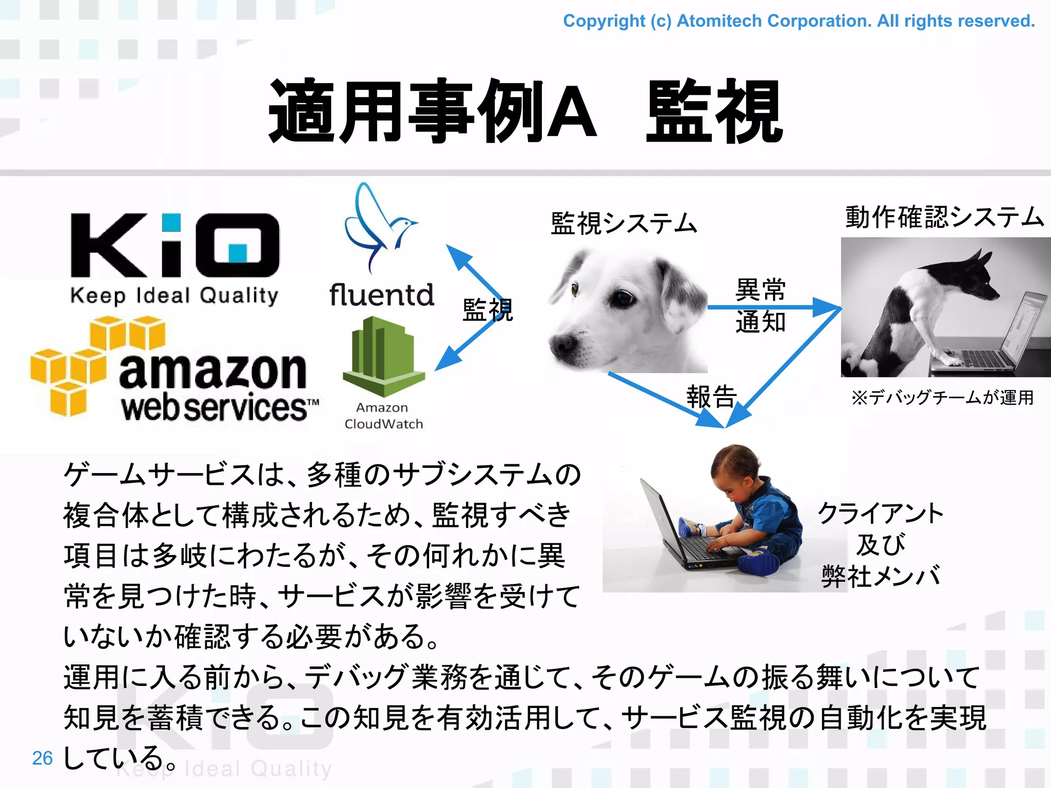 Copyright (c) Atomitech Corporation. All rights reserved.
ゲームサービスは、多種のサブシステムの
複合体として構成されるため、監視すべき
項目は多岐にわたるが、その何れかに異
常を見つけた時、サービスが影響を受けて
いないか確認する必要がある。
運用に入る前から、デバッグ業務を通じて、そのゲームの振る舞いについて
知見を蓄積できる。この知見を有効活用して、サービス監視の自動化を実現
している。
適用事例A　監視
26
監視システム
異常
通知監視
動作確認システム
※デバッグチームが運用報告
クライアント
及び
弊社メンバ
 