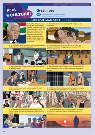 184
NELSON MANDELA
A
I can compare a historical figure from another
country with someone from my country.
1 When Nelson Mandela was
young, white people and black
people in South Africa lived very
diﬀerent lives.White people had
better jobs and nicer homes.
Most black people were poor.
They didn’t go to the same
schools or hospitals as white
people, and they couldn’t vote
in elections. Nelson helped to
change that …
1918–2013
3 He was the ﬁrst person in his family to go to school. He worked
hard, and he went to university to study law.
5 Nelson got a job in a lawyer’s oﬃce. He often met his friends
to talk about politics.
7 All around the world, people protested against the South
African government.
9 In 1994, there were new elections. Millions of black South
Africans voted for the ﬁrst time. Nelson became South Africa’s ﬁrst
black president.
2 Nelson Mandela was born on 18 July 1918, and grew up in a
small village.
4 At university, Nelson was the only black person in his class.
He couldn’t use the swimming pool, gym or restaurant.They were
for white students only.
6 Nelson started to organize protests. He was unpopular with the
white government. In 1962, the police arrested him, and he went
to prison.
8 In 1989, South Africa had a new president. He wanted to change
things. After 27 years in prison, Nelson was ﬁnally free!
10 Nelson Mandela died in 2013.There are still a lot of problems
in South Africa, but Nelson helped to make it a fairer country for
everyone.
REAL
CULTURE!
86
 