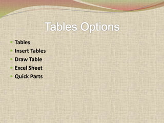 Tables
 Insert Tables
 Draw Table
 Excel Sheet
 Quick Parts
 