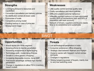 Strengths Weaknesses
Opportunities Threats
• Leveraging Amazon’s resources and
capabilities
• Convenient cancellation and delivery policies
• No distribution centers & lower costs
• Economies of scale
• Competitive pricing model
• Funding backup in case of price war
• Strong brand image
• Little quality control and low quality data
• Costly cancellation and return policies
• Difficult to predict customer behaviour
• Inflexible payment options in a cash-dominated
country (90% of transactions cash and 50% of
population own bank account)
• Network of drivers, suppliers and buyers needs
time to be established and sustainable
SWOT
• Kirana stores are niche segment
• Growing phone & internet penetration
• Increasing acceptance of digital buying
• Technology push, modernizing Kiranas
• Growth in online grocery shopping
• Increasing disposable income, rising GDP
• First-mover advantage: achieve high market
penetration
• Change in regulations to allow FDI in inventory
based models
• Low technological penetration in India
• Consumer preference: offline shopping
• Strategic deal between Walmart and Flipkart
• Dynamic sector with frequent market entries
and exits
• Changes in regulations
• Strong bargaining power of buyers, mainly due
to very low switching costs
 