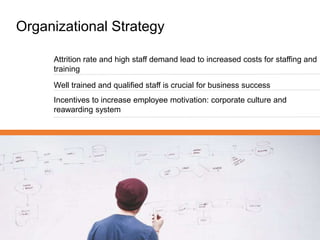 Organizational Strategy
Attrition rate and high staff demand lead to increased costs for staffing and
training
Well trained and qualified staff is crucial for business success
Incentives to increase employee motivation: corporate culture and
reawarding system
 