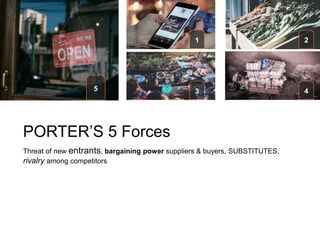 1 2
3 45
PORTER’S 5 Forces
Threat of new entrants, bargaining power suppliers & buyers, SUBSTITUTES,
rivalry among competitors
 