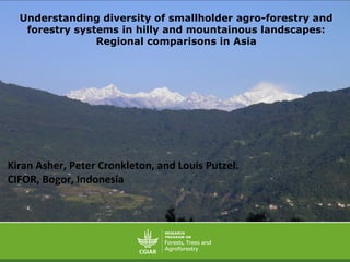 Understanding diversity of smallholder agro-forestry and
forestry systems in hilly and mountainous landscapes:
Regional comparisons in Asia

Kiran Asher, Peter Cronkleton, and Louis Putzel.
CIFOR, Bogor, Indonesia

 
