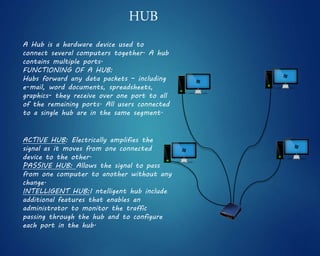 HUB
A Hub is a hardware device used to
connect several computers together. A hub
contains multiple ports.
FUNCTIONING OF A HUB:
Hubs forward any data packets – including
e-mail, word documents, spreadsheets,
graphics- they receive over one port to all
of the remaining ports. All users connected
to a single hub are in the same segment.
ACTIVE HUB: Electrically amplifies the
signal as it moves from one connected
device to the other.
PASSIVE HUB: Allows the signal to pass
from one computer to another without any
change.
INTELLIGENT HUB:I ntelligent hub include
additional features that enables an
administrator to monitor the traffic
passing through the hub and to configure
each port in the hub.
 