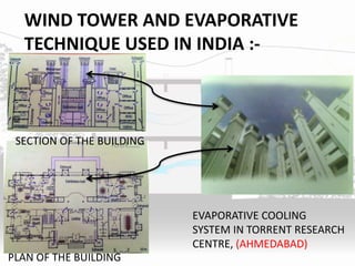 WIND TOWER AND EVAPORATIVE
TECHNIQUE USED IN INDIA :-
EVAPORATIVE COOLING
SYSTEM IN TORRENT RESEARCH
CENTRE, (AHMEDABAD)
SECTION OF THE BUILDING
PLAN OF THE BUILDING
 