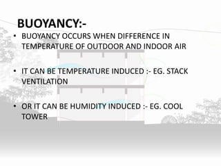 BUOYANCY:-
• BUOYANCY OCCURS WHEN DIFFERENCE IN
TEMPERATURE OF OUTDOOR AND INDOOR AIR
• IT CAN BE TEMPERATURE INDUCED :- EG. STACK
VENTILATION
• OR IT CAN BE HUMIDITY INDUCED :- EG. COOL
TOWER
 