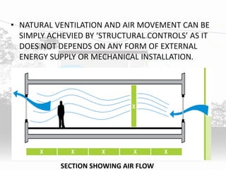 • NATURAL VENTILATION AND AIR MOVEMENT CAN BE
SIMPLY ACHEVIED BY ‘STRUCTURAL CONTROLS’ AS IT
DOES NOT DEPENDS ON ANY FORM OF EXTERNAL
ENERGY SUPPLY OR MECHANICAL INSTALLATION.
SECTION SHOWING AIR FLOW
 