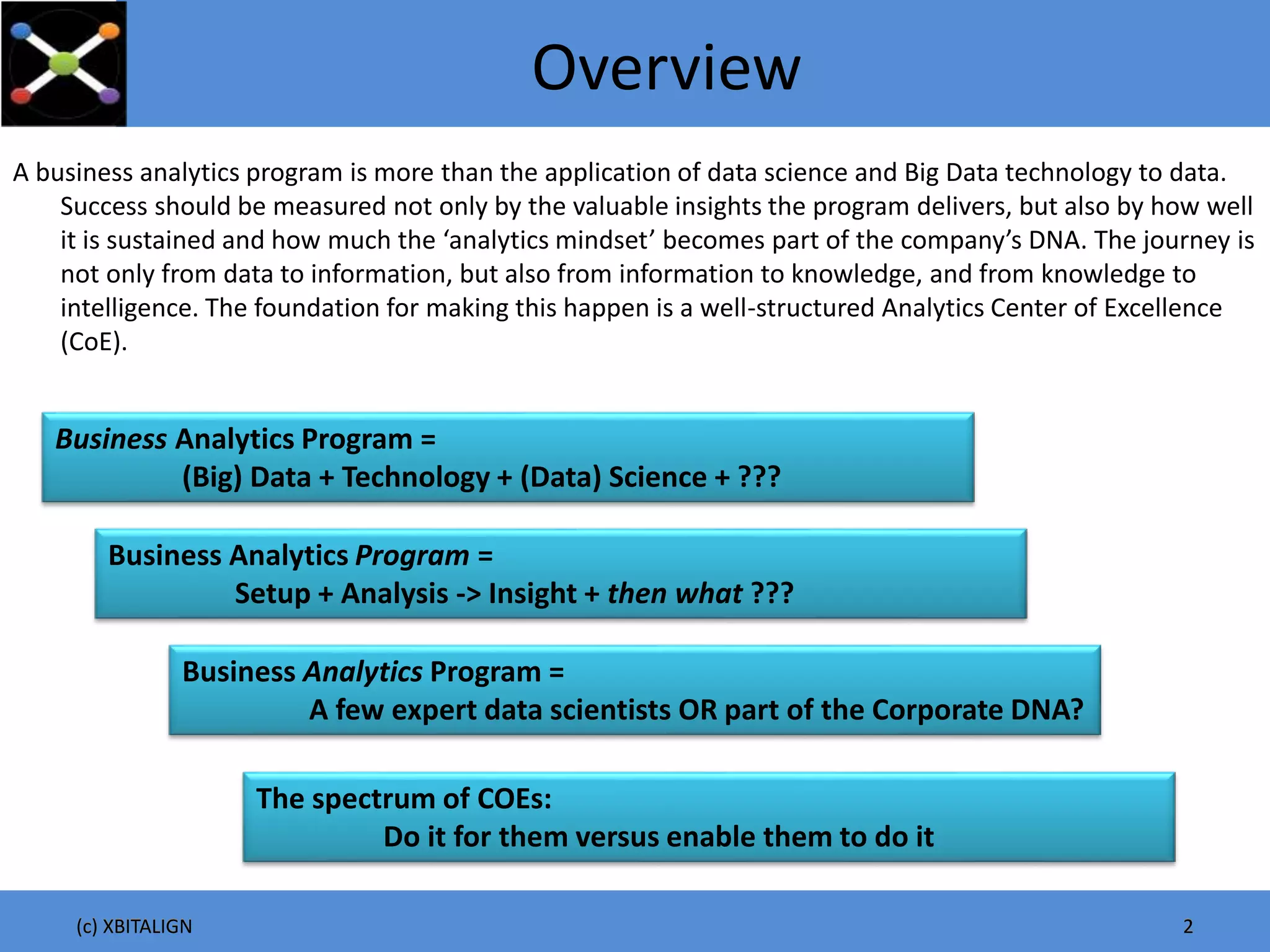 Overview
A business analytics program is more than the application of data science and Big Data technology to data.
Success should be measured not only by the valuable insights the program delivers, but also by how well
it is sustained and how much the ‘analytics mindset’ becomes part of the company’s DNA. The journey is
not only from data to information, but also from information to knowledge, and from knowledge to
intelligence. The foundation for making this happen is a well-structured Analytics Center of Excellence
(CoE).
(c) XBITALIGN(c) XBITALIGN 22
Business Analytics Program =
(Big) Data + Technology + (Data) Science + ???
Business Analytics Program =
Setup + Analysis -> Insight + then what ???
Business Analytics Program =
A few expert data scientists OR part of the Corporate DNA?
The spectrum of COEs:
Do it for them versus enable them to do it
 