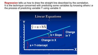 Regression tells us how to draw the straight line described by the correlation.
It is the technique concerned with predicting some variables by knowing others i.e
the process of predicting variable Y using variable X
 