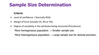 Sample Size Determination
Criteria
➢ Level of confidence ( Normally 95%)
➢ Margin of Error (Usually 1%, 3% or 5%)
➢ Degree of variability in the attributes being measured (Prevalence)
More homogeneous population → Smaller sample size
More heterogeneous population → Large sample size for desired precision.
 