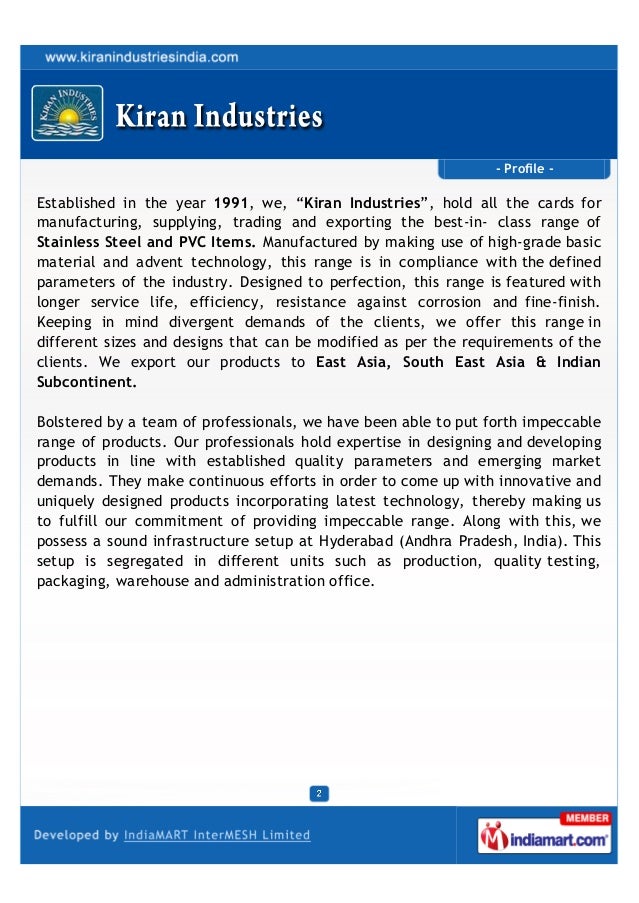 Kiran Industries, Hyderabad,Stainless Steel & PVC Items