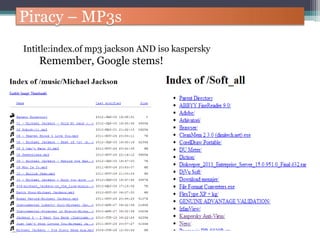 Piracy – MP3s
Intitle:index.of mp3 jackson AND iso kaspersky
Remember, Google stems!
 