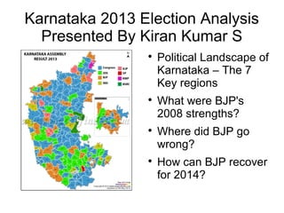 Karnataka 2013 Election Analysis
Presented By Kiran Kumar S

Political Landscape of
Karnataka – The 7
Key regions

What were BJP's
2008 strengths?

Where did BJP go
wrong?

How can BJP recover
for 2014?
 