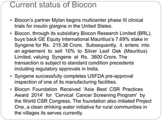 Current status of Biocon
 Biocon’s partner Mylan begins multicenter phase III clinical
trials for insulin glargine in the United States.
 Biocon, through its subsidiary Biocon Research Limited (BRL),
buys back GE Equity International Mauritius’s 7.69% stake in
Syngene for Rs. 215.38 Crore. Subsequently, it enters into
an agreement to sell 10% to Silver Leaf Oak (Mauritius)
Limited, valuing Syngene at Rs. 3800 Crore. The
transaction is subject to standard condition precedents
including regulatory approvals in India.
 Syngene successfully completes USFDA pre-approval
inspection of one of its manufacturing facilities.
 Biocon Foundation Received 'Asia Best CSR Practices
Award 2014' for 'Cervical Cancer Screening Program' by
the World CSR Congress. The foundation also initiated Project
One, a clean drinking water initiative for rural communities in
the villages its serves currently.
 